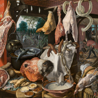 Una bancarella di carne con la Sacra Famiglia che fa l’elemosina, 1551, olio su tavola di Pieter Aertsen, cm 115 x 168, North Carolina Museum of Art, Raleigh.