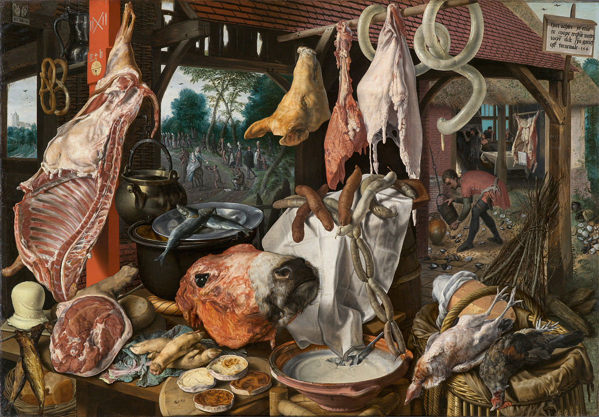 Una bancarella di carne con la Sacra Famiglia che fa l’elemosina, 1551, olio su tavola di Pieter Aertsen, cm 115 x 168, North Carolina Museum of Art, Raleigh.