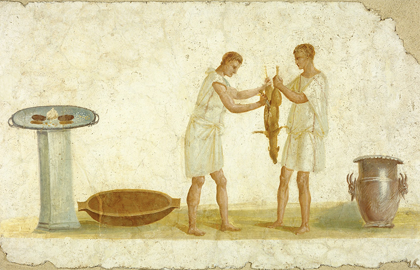 Sezione di affresco romano. Scena di preparazione della carne, I sec. d.C., Paul Getty Museum, Los Angeles.